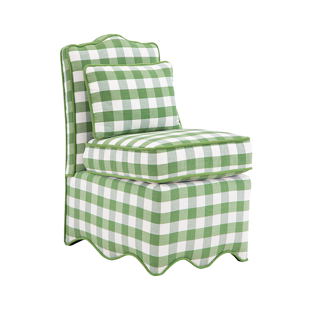 Upholstered Scallop Slipper Chair in Grass Gingham