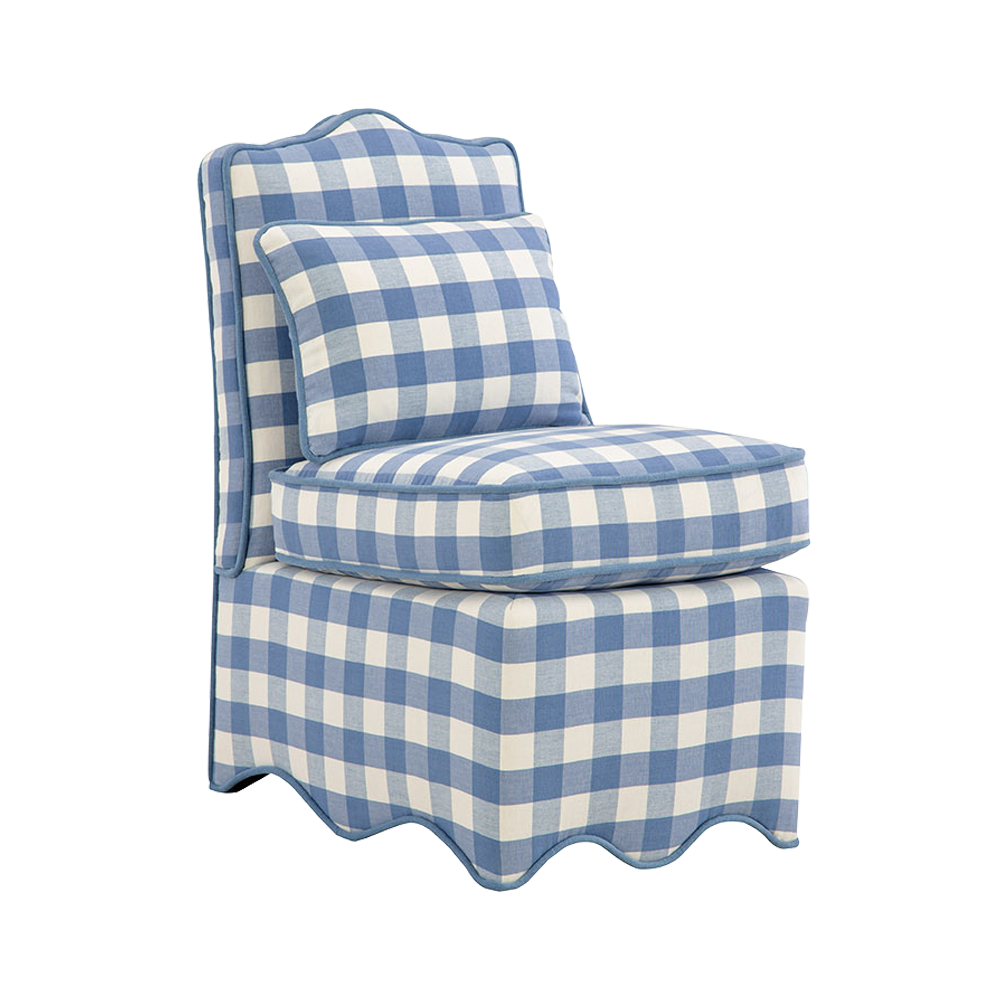 Upholstered Scallop Slipper Chair in Denim Gingham