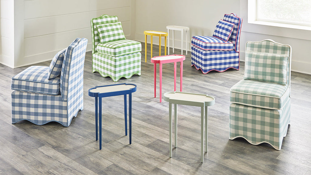 Upholstered Scallop Slipper Chair in Grass Gingham